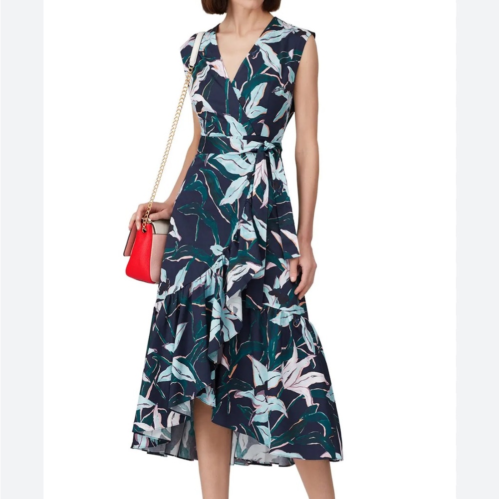 Tory Burch Floral Navy Blue Midi Wrap Dress EUC